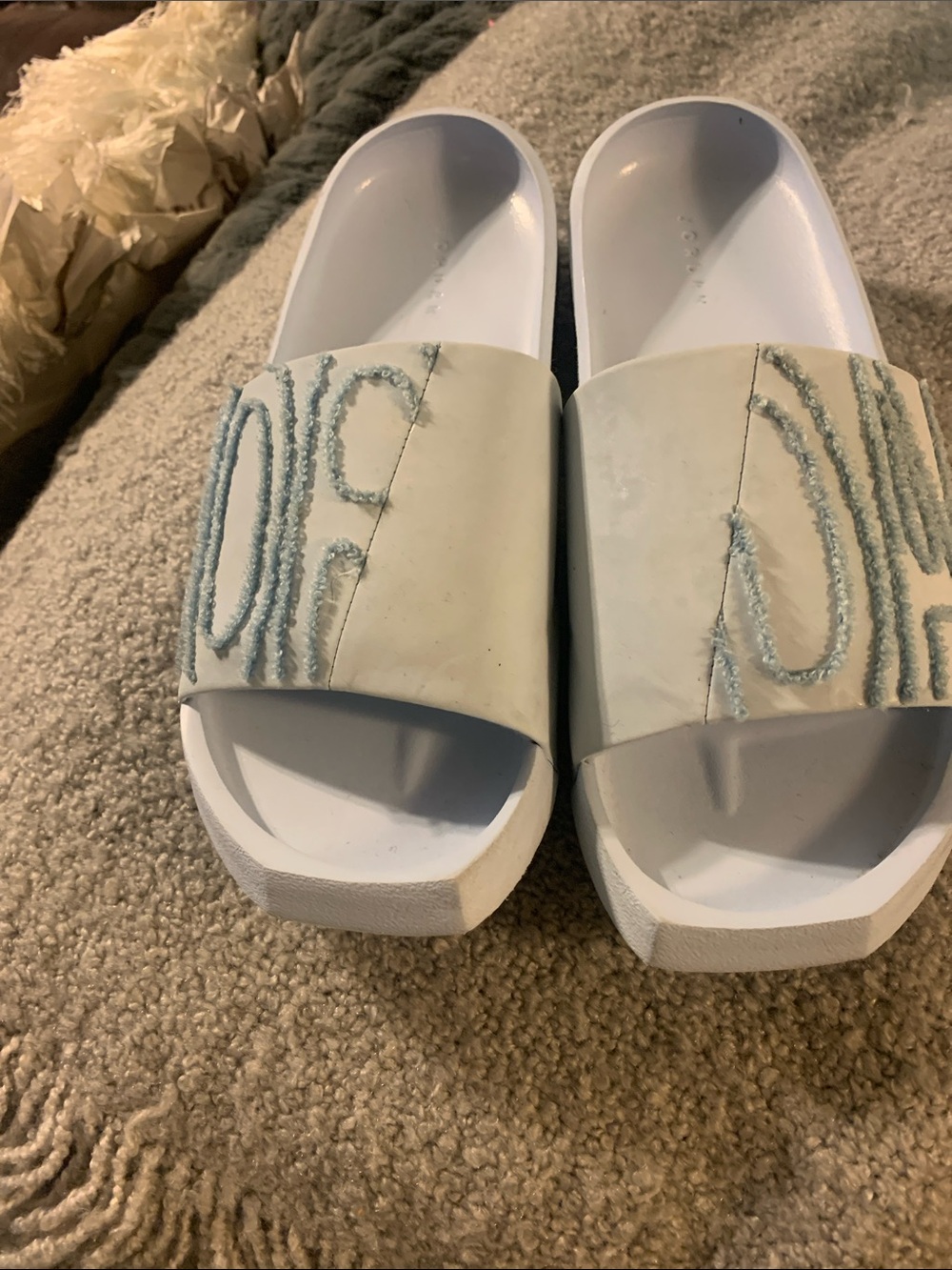Jordan White Slide Sandals with Light Blue Embroidery